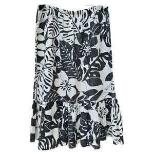 Tommy Bahama Midi Linen Pull On Flounce Skirt Black Off White Floral M Resort
